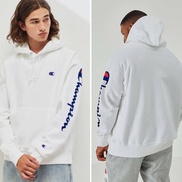 Champion Other - CHAMPION MENS REVERSE WEAVE FLOCK ARM SCRIPT HOODIE SWEATSHIRT GREY SIZE LARGE